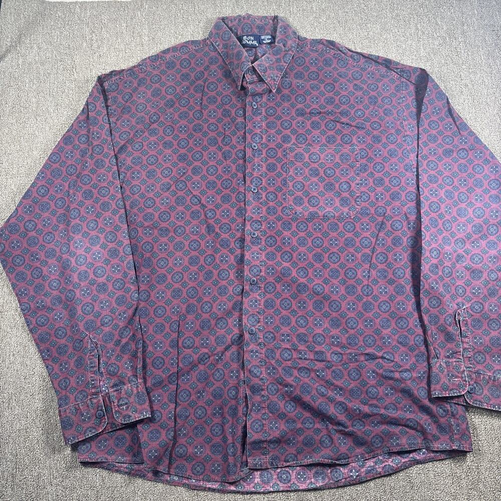 Vintage 90s Men’s Bon Homme Button Up Shirt AOP Design XL Retro USA